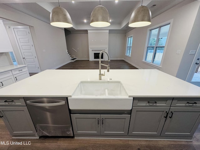 kitchen with stainless steel dishwasher, a sink, gray cabinetry, open floor plan, and a raised ceiling