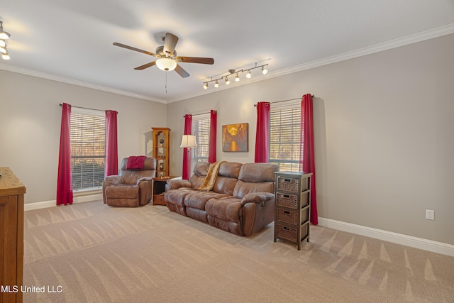 95 Sweet Bay Trl, Petal, MS 39465 - living area with light colored carpet, a ceiling fan, ornamental molding, and plenty of natural light