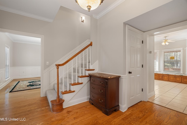95 Sweet Bay Trl, Petal, MS 39465 - stairs with crown molding, wood finished floors, a ceiling fan, and baseboards