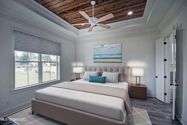 100 Grayson Way, Madison, MS 39110 - bedroom with wood ceiling, crown molding, a tray ceiling, baseboards, and wood finished floors