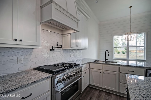 100 Grayson Way, Madison, MS 39110 - kitchen featuring premium range hood, stainless steel stove, a sink, and backsplash