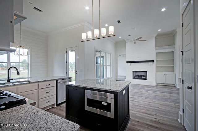 100 Grayson Way, Madison, MS 39110 - kitchen with crown molding, a sink, appliances with stainless steel finishes, dark wood-type flooring, and ceiling fan with notable chandelier