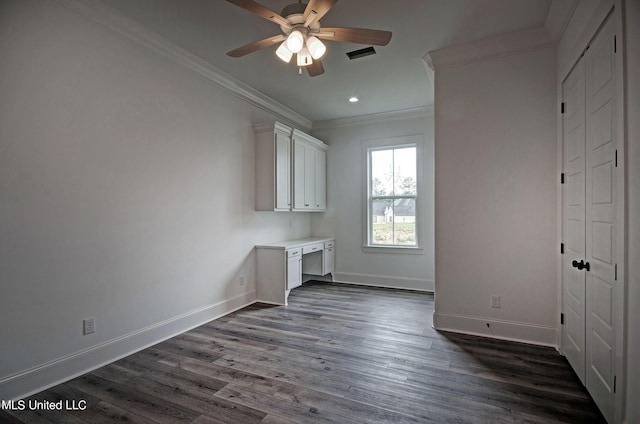 100 Grayson Way, Madison, MS 39110 - unfurnished bedroom featuring recessed lighting, ornamental molding, built in study area, baseboards, and dark wood-type flooring