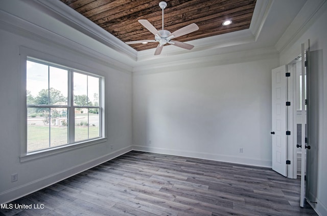 100 Grayson Way, Madison, MS 39110 - unfurnished room featuring wooden ceiling, a tray ceiling, crown molding, a ceiling fan, and dark wood finished floors