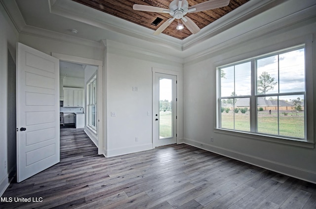 100 Grayson Way, Madison, MS 39110 - unfurnished room featuring ceiling fan, a raised ceiling, crown molding, baseboards, and dark wood finished floors