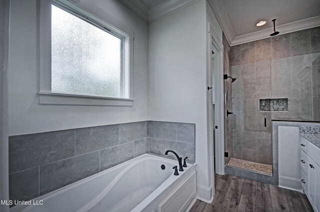 100 Grayson Way, Madison, MS 39110 - full bathroom with a shower stall, crown molding, a bath, wood finished floors, and vanity