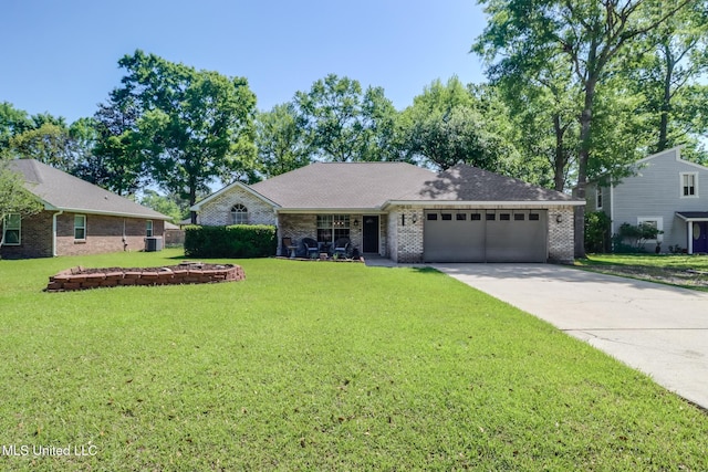 ranch-style home with a front lawn, central AC, concrete driveway, brick siding, and an attached garage