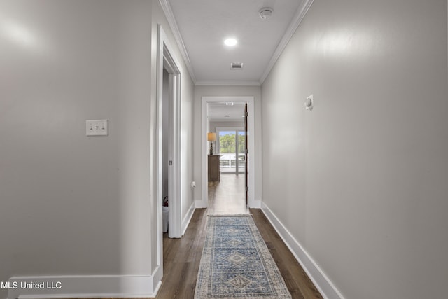 158 Pinecrest Dr, Pass Christian, MS 39571 - hallway with dark wood-style flooring and ornamental molding