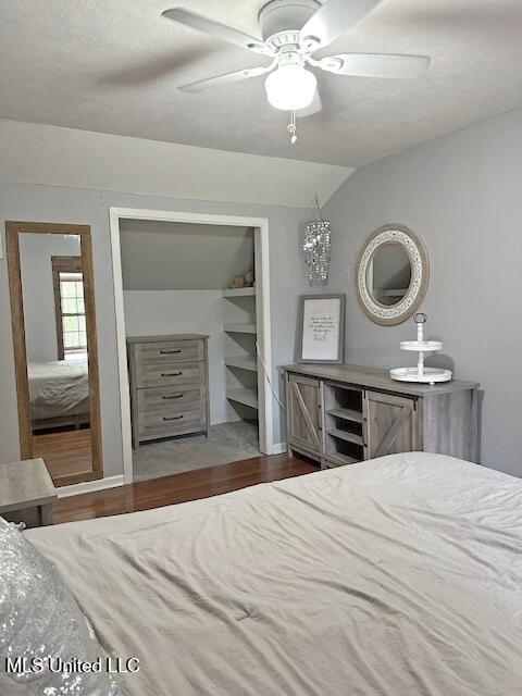 bedroom featuring lofted ceiling, a ceiling fan, and wood finished floors