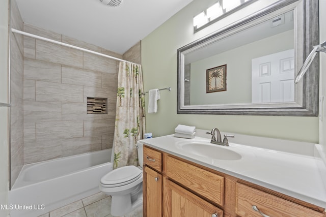 bathroom featuring tile patterned floors, shower / bath combination with curtain, toilet, and vanity