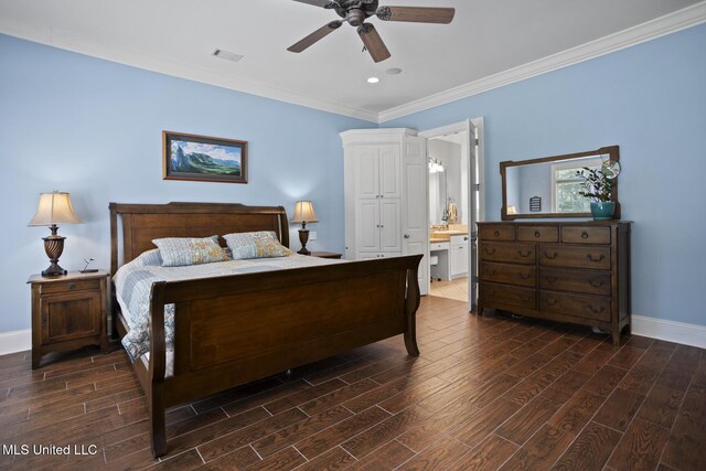 bedroom featuring crown molding, ceiling fan, dark wood finished floors, baseboards, and visible vents
