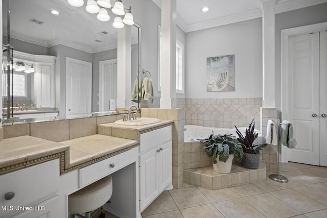 full bath with crown molding, visible vents, tile patterned floors, and a garden tub
