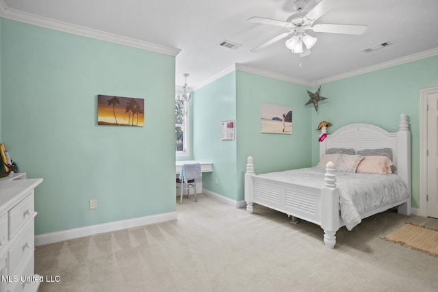 bedroom with light carpet, baseboards, visible vents, and ornamental molding