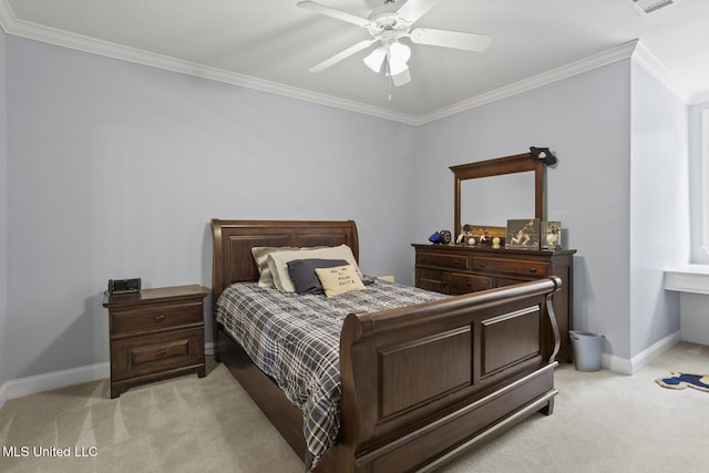bedroom featuring a ceiling fan, light carpet, ornamental molding, and baseboards