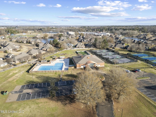 aerial view featuring a water view and a residential view