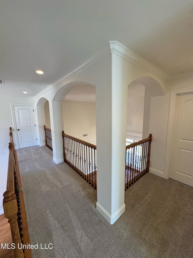 hallway featuring ornamental molding and carpet floors