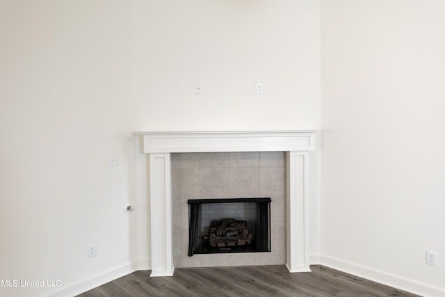 interior details featuring wood-type flooring and a fireplace