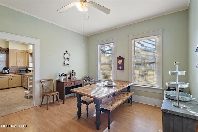 dining area featuring light hardwood / wood-style floors, ornamental molding, and ceiling fan