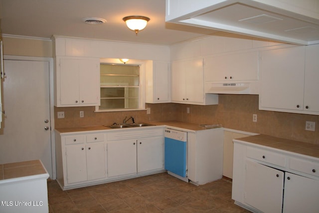 kitchen featuring backsplash, range hood, white dishwasher, sink, and white cabinetry