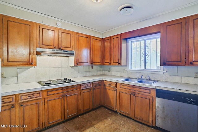 kitchen featuring white stovetop, ornamental molding, sink, stainless steel dishwasher, and tasteful backsplash