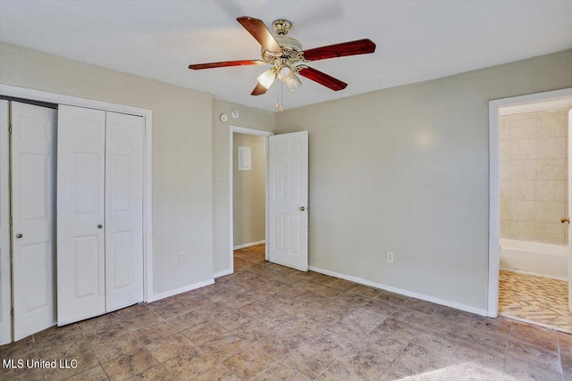 unfurnished bedroom with connected bathroom, a closet, and ceiling fan