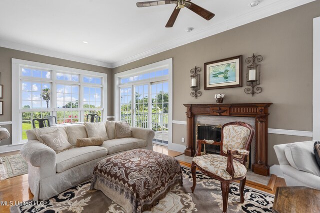 living room with hardwood / wood-style flooring, a premium fireplace, and plenty of natural light