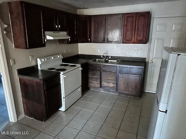 kitchen featuring white appliances, light tile patterned flooring, dark brown cabinets, and sink