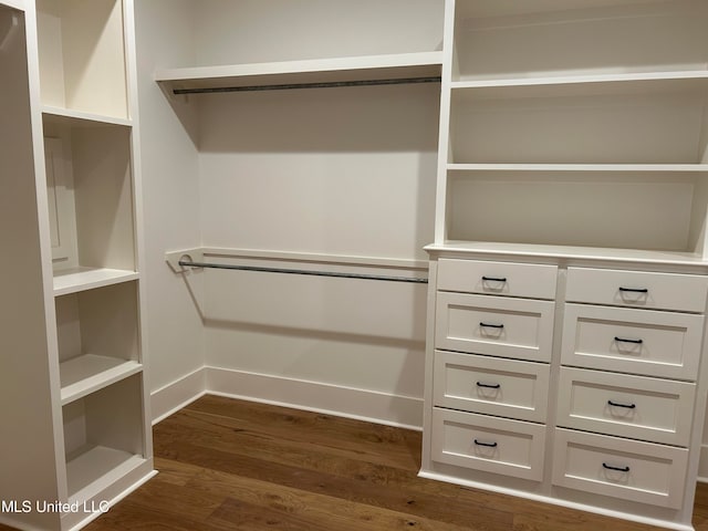 spacious closet with dark hardwood / wood-style flooring