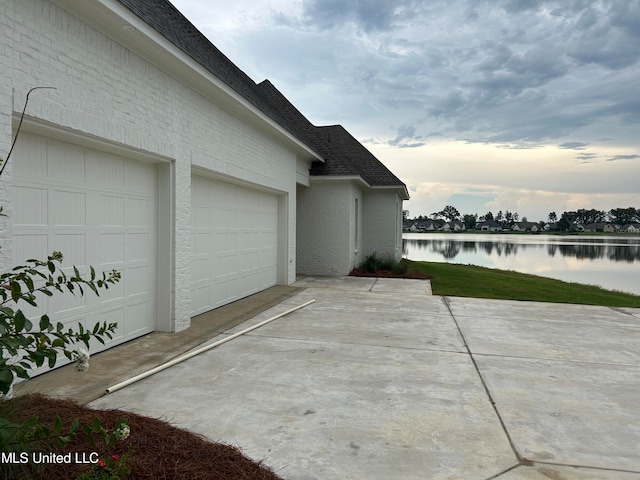 garage with a water view