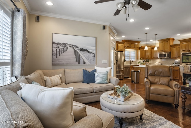23 Callaway Ct, Hattiesburg, MS 39402 - living area featuring dark wood finished floors, a ceiling fan, recessed lighting, and crown molding