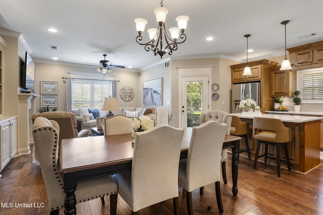 23 Callaway Ct, Hattiesburg, MS 39402 - dining area featuring recessed lighting, ceiling fan, dark wood-style flooring, a chandelier, and ornamental molding