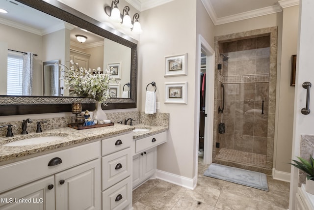 23 Callaway Ct, Hattiesburg, MS 39402 - full bathroom featuring a stall shower, crown molding, double vanity, and baseboards