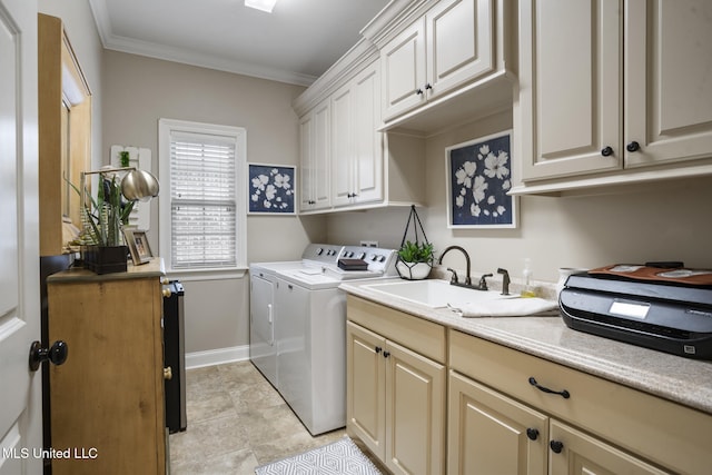 23 Callaway Ct, Hattiesburg, MS 39402 - laundry room with washer and clothes dryer, crown molding, cabinet space, and baseboards