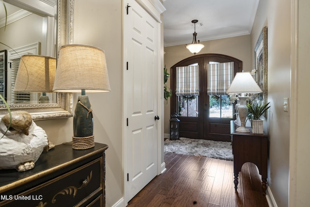 23 Callaway Ct, Hattiesburg, MS 39402 - foyer with french doors, dark wood-type flooring, crown molding, and baseboards