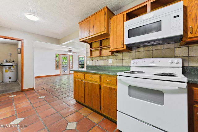 20 Yorkshire Pkwy, Gulfport, MS 39503 - kitchen with white appliances, open shelves, water heater, tasteful backsplash, and ceiling fan