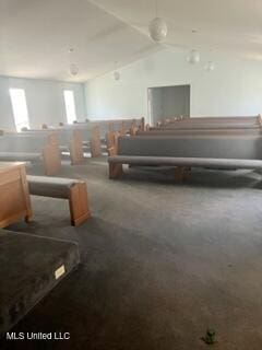 interior space with lofted ceiling and carpet