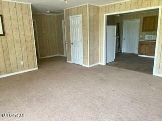 carpeted spare room with wooden walls and ornamental molding