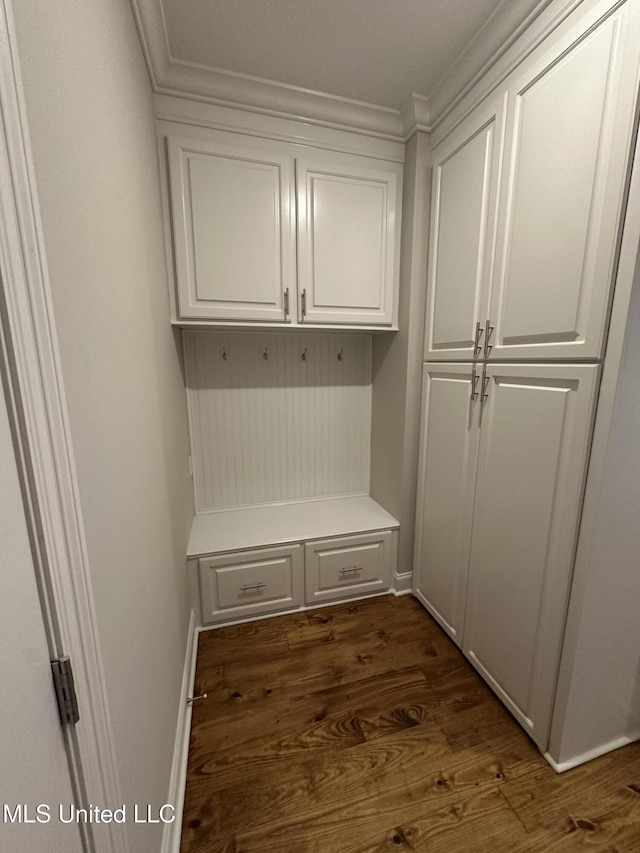 mudroom featuring ornamental molding and dark wood finished floors