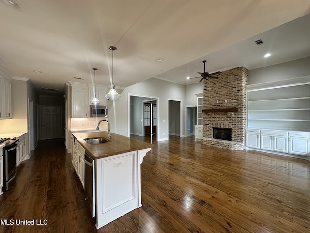 kitchen with white cabinets, ceiling fan, appliances with stainless steel finishes, a sink, and a fireplace