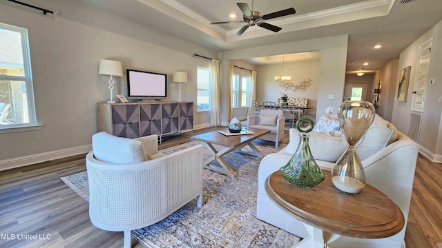 living room with hardwood / wood-style floors, ceiling fan with notable chandelier, a raised ceiling, and ornamental molding