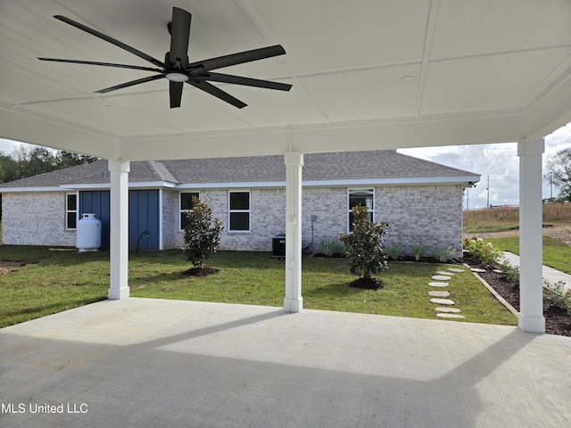 view of patio / terrace with a ceiling fan and central air condition unit