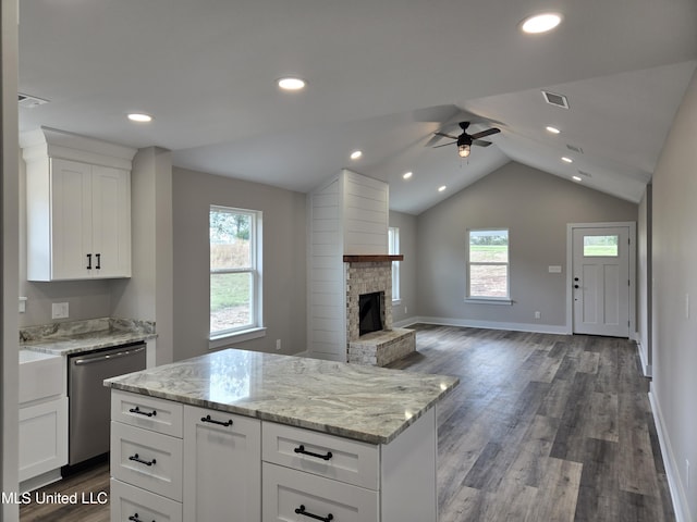 kitchen featuring stainless steel dishwasher, a ceiling fan, healthy amount of natural light, wood finished floors, and recessed lighting