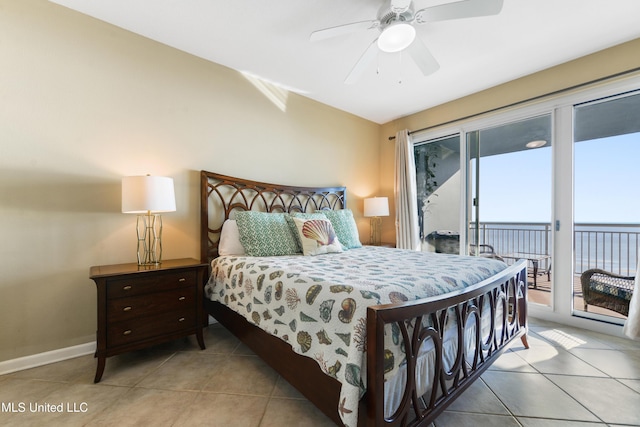 2228 Beach Dr Unit 907, Gulfport, MS 39507 - tiled bedroom featuring access to outside, a water view, and a ceiling fan