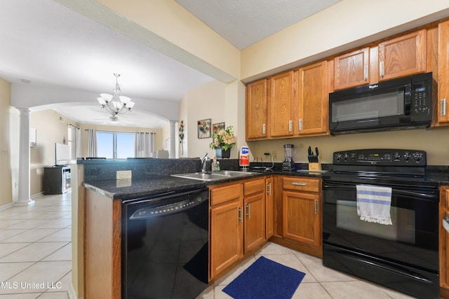 kitchen with sink, kitchen peninsula, a chandelier, light tile patterned floors, and black appliances