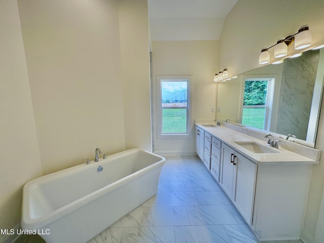 bathroom featuring vanity, a tub to relax in, and a wealth of natural light