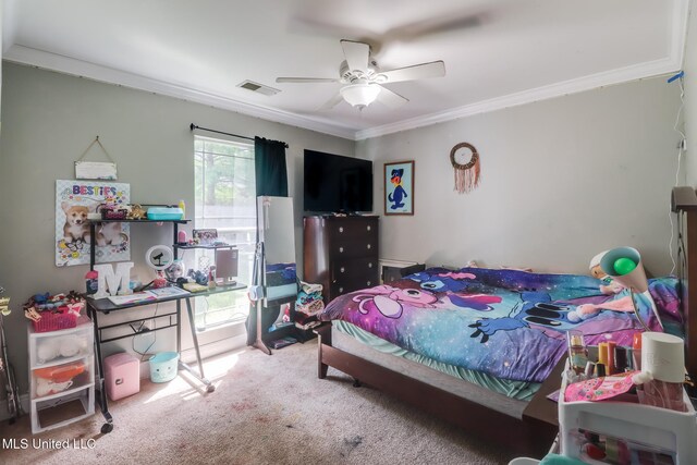 8412 Kaleki Pl, Diamondhead, MS 39525 - carpeted bedroom featuring crown molding and a ceiling fan