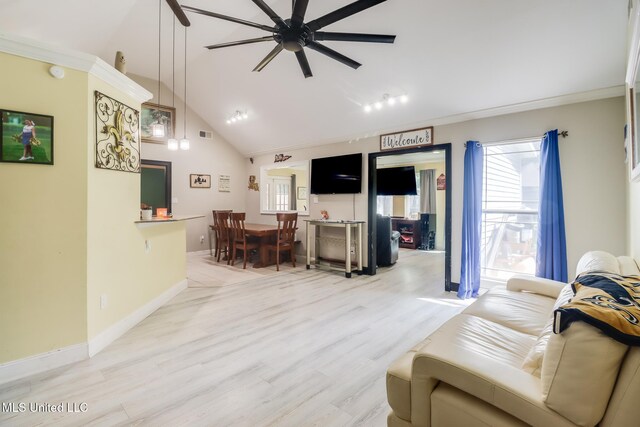 8412 Kaleki Pl, Diamondhead, MS 39525 - living area with a ceiling fan, light wood-type flooring, high vaulted ceiling, and baseboards