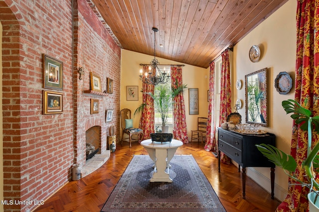 interior space featuring parquet floors, wooden ceiling, plenty of natural light, and vaulted ceiling