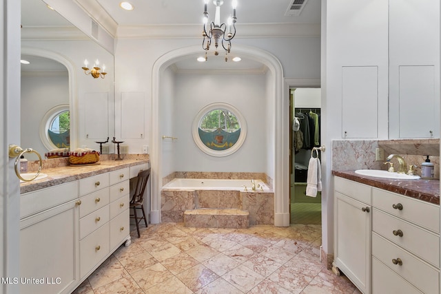 bathroom with vanity, crown molding, a relaxing tiled tub, and a healthy amount of sunlight