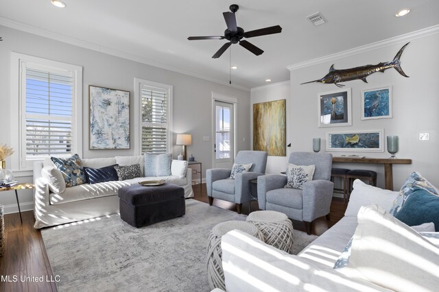 122 Aiken Rd, Waveland, MS 39576 - living room with dark wood finished floors, recessed lighting, visible vents, and ornamental molding